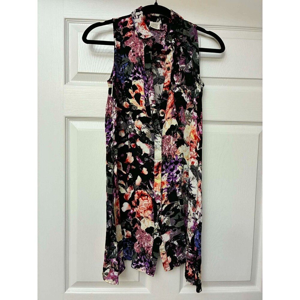 Cupio Floral Button Front Shirt Dress Sleeveless Black Purple Women See Measurem